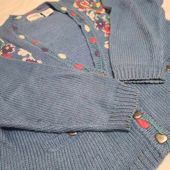 Jantzen Vintage Cardigan Blue Pink XL Spring Floral Hand Embroidered Pockets - Picture 11 of 14